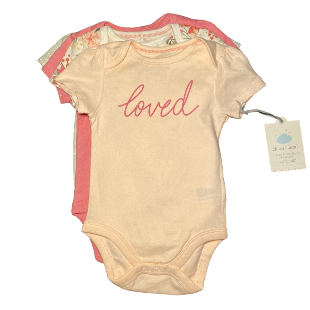 4 pack short sleeve body suits 6-9 months by cloud island